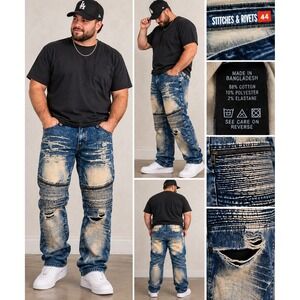 Stitches & Rivets Mens Moto Jeans Blue Distressed Bleach Splatter Size 44